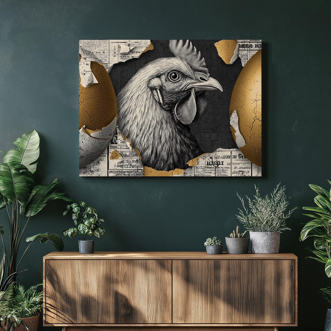 Rooster Portrait Golden Eggs Torn Newspaper Collage Farm Poster