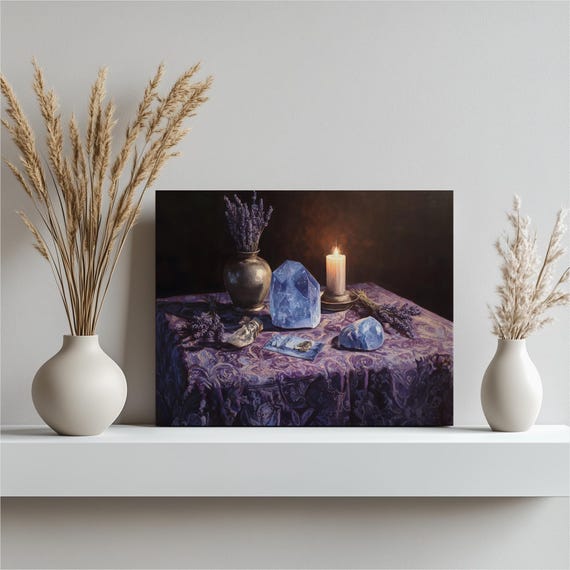 Tarot Crystal Altar Canvas Wall Art Lavender Still Life Dark Boho Gothic Decor Candlelight Brass Vase Paisley Cloth Mystical Gift