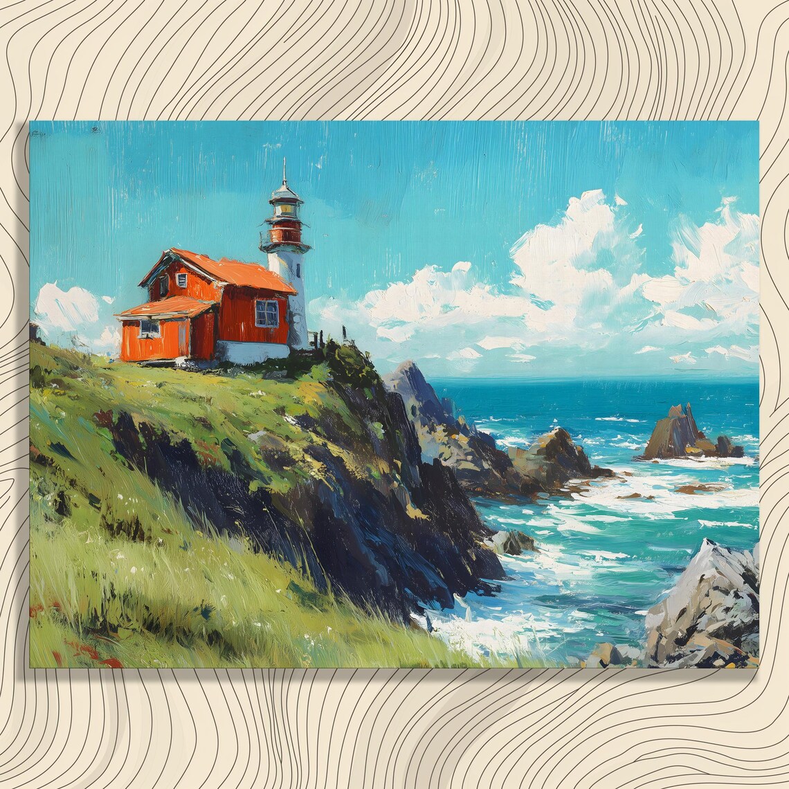 Red Lighthouse Rocky Coast Ocean Cliff Landscape Painting Poster