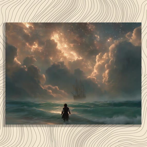 Stormy Sea Adventure Canvas Wall Art Dramatic Ocean Waves And Distant Ship Beneath Glowing Starry Clouds Fantasy Seascape Print