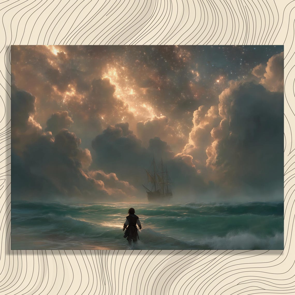 Dramatic Tall Ship Stormy Starlit Ocean Night Seascape Print
