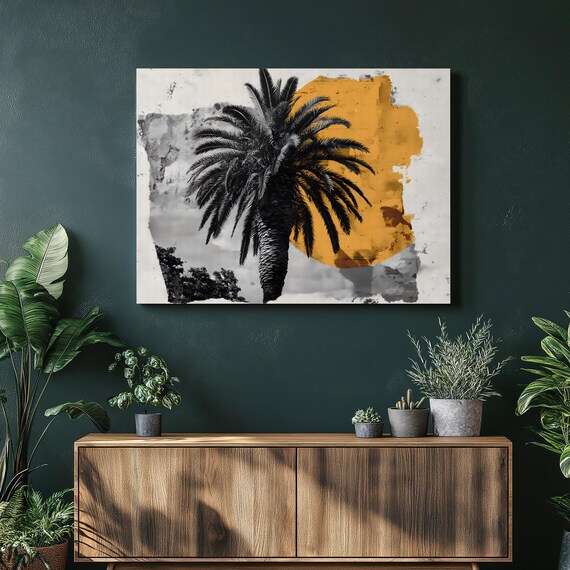 Tropical Palm Sunset Canvas Wall Art Modern Coastal Minimalist Black White Tree Print Orange Sun Abstract Boho Decor Mid Century