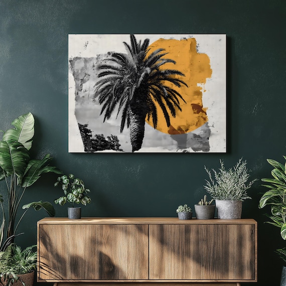 Tropical Palm Sunset Minimalist Poster Black Palm Tree Orange Sun Art