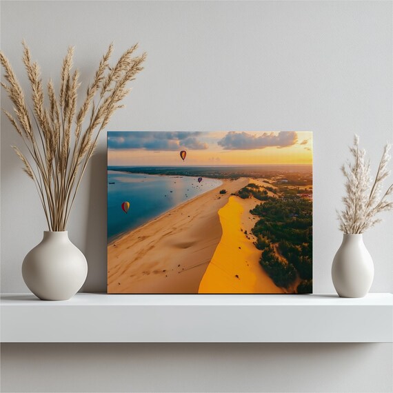 Tropical Coastal Sunset Poster Hot Air Balloons Golden Dunes Aerial View