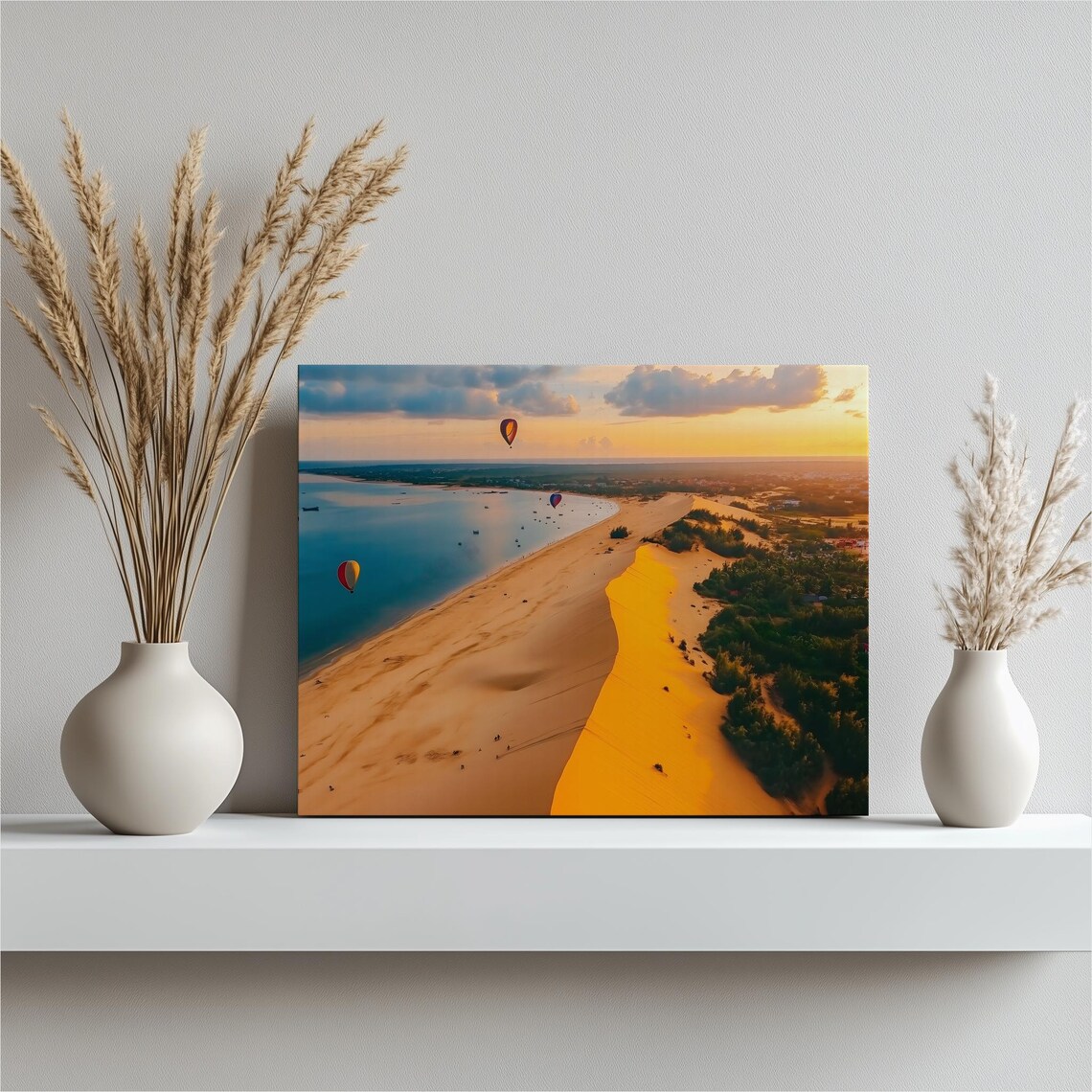 Tropical Coastal Sunset Poster Hot Air Balloons Golden Dunes Aerial View