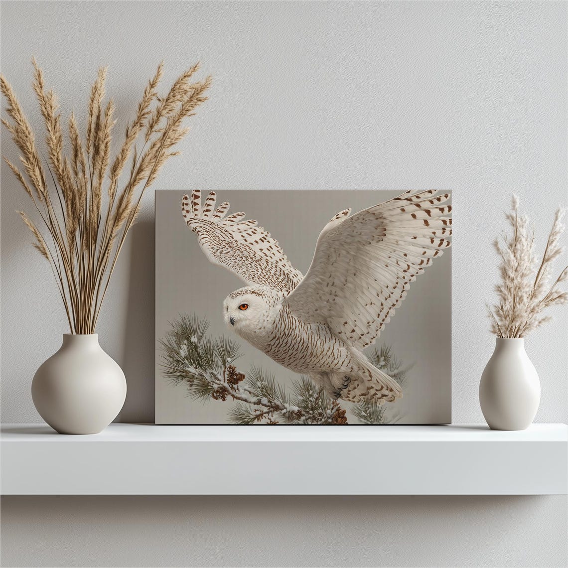 Snowy Owl in Flight Over Winter Pines Wildlife Photography Poster
