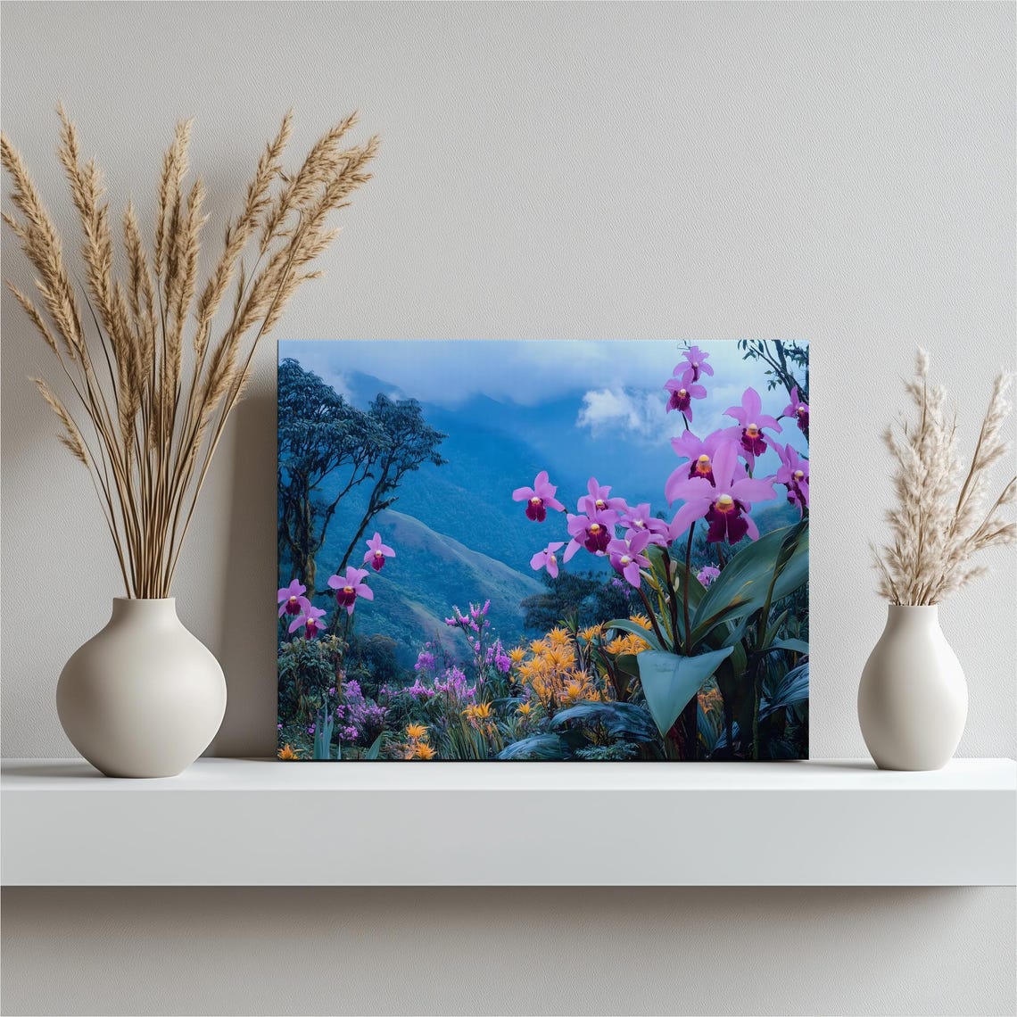 Pink Orchid Tropical Canvas Wall Art Colombian Cloud Forest Flowers Print Lush Rainforest Landscape Botanical Decor
