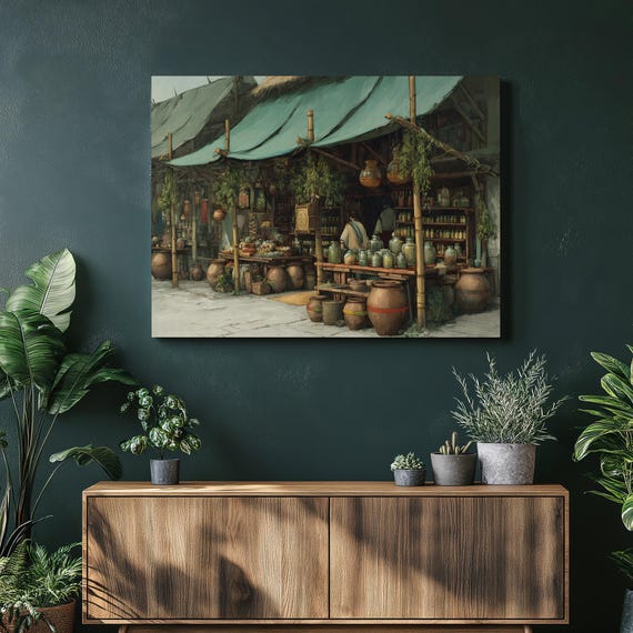 Medieval Apothecary Market Canvas Wall Art Rustic Vintage Botanical Herbs Spices Stall Print Outdoor Street Scene Pottery Barrels