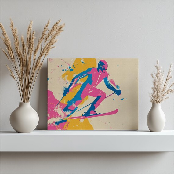 Downhill Skier Pop Art Bold Pink Blue Yellow Paint Splash Sports Poster