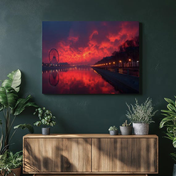 Sunset Urban Cityscape Canvas Wall Art Print With River Reflections Evening Red Clouds Modern Skyline Decor Wrapped City Lights