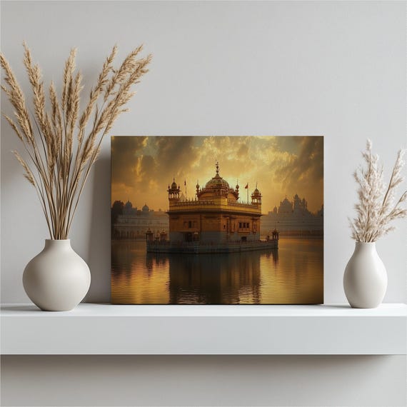 Golden Temple Mandir Modern Art Home Decor Religious Architecture Sunset Painting Water Reflection Landscape