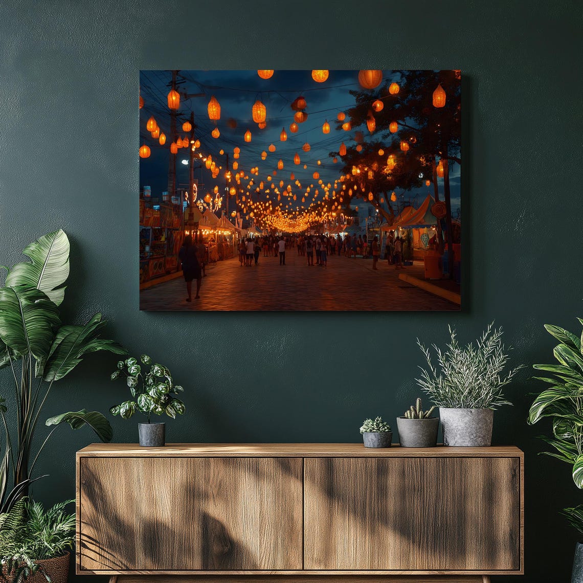 Glowing Orange Lantern Festival Night Street Market Art Print
