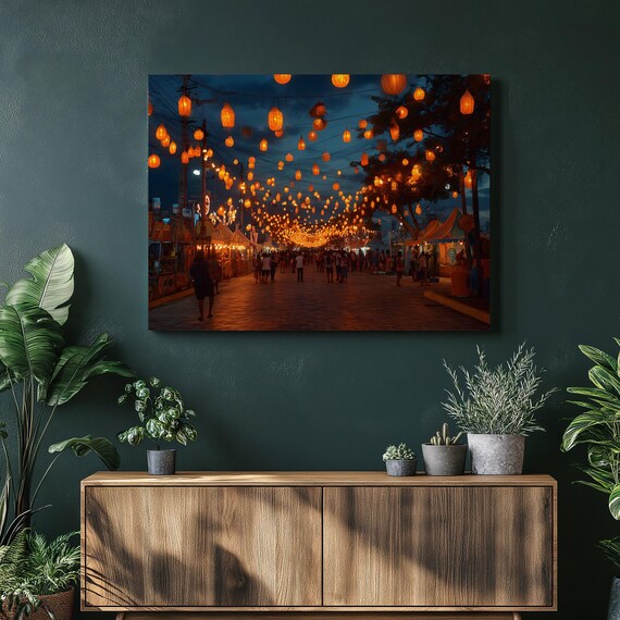 Lantern Night Market Canvas Wall Art Vibrant Festival Lanterns Print With Glowing String Lights Boho Decor Colorful Gift Scene
