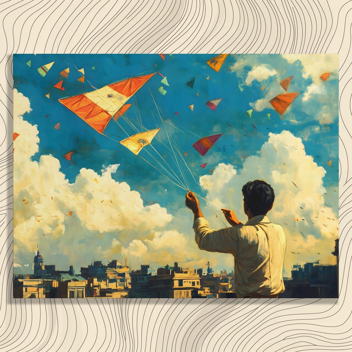 Boy Flying Colorful Kites Over City Rooftops Blue Sky Poster