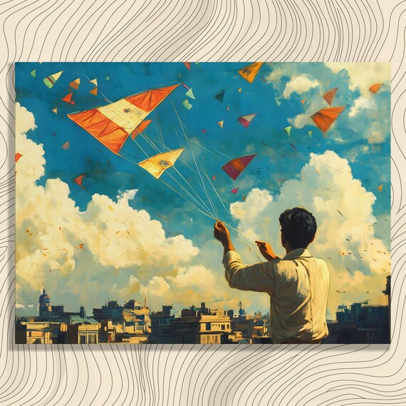 Blue Sky Kites Canvas Wall Art Colorful Urban Skyline Cityscape Cloud Filled Painting Print Decor Rooftop Flying