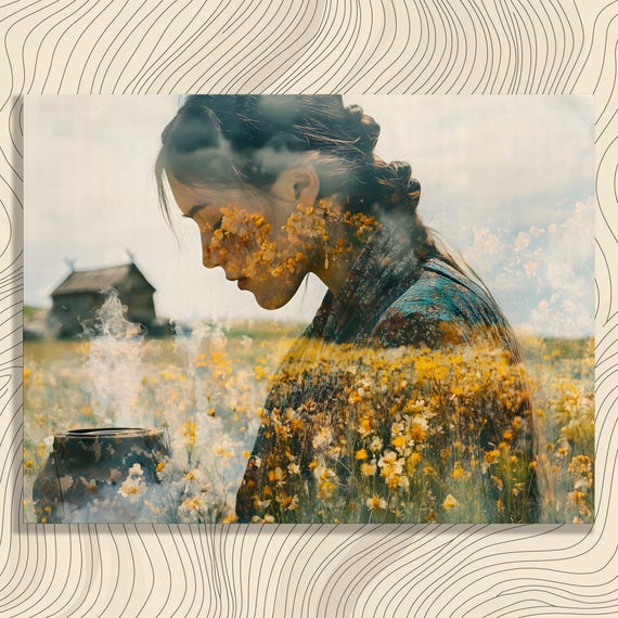 Serene Double Exposure Canvas Wall Art Vintage Floral Harmony Print Rustic Countryside Landscape Gift For Women Meditation Decor