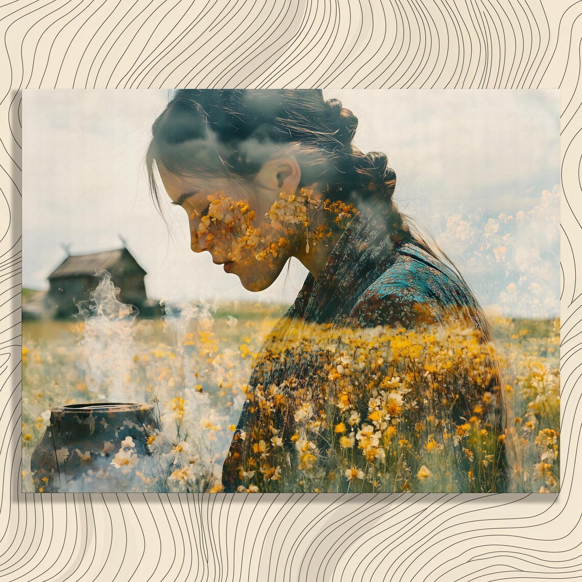 Double Exposure Woman Profile Wildflower Meadow Vintage Photo Poster