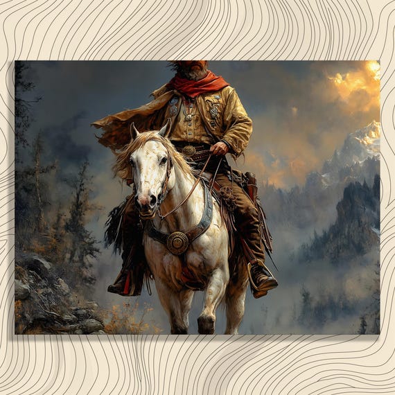 Western Cowboy On Horseback Canvas Wall Art Frontier Lawman Riding Rugged Mountains Dramatic Sky Rustic Landscape Print For Home Decor