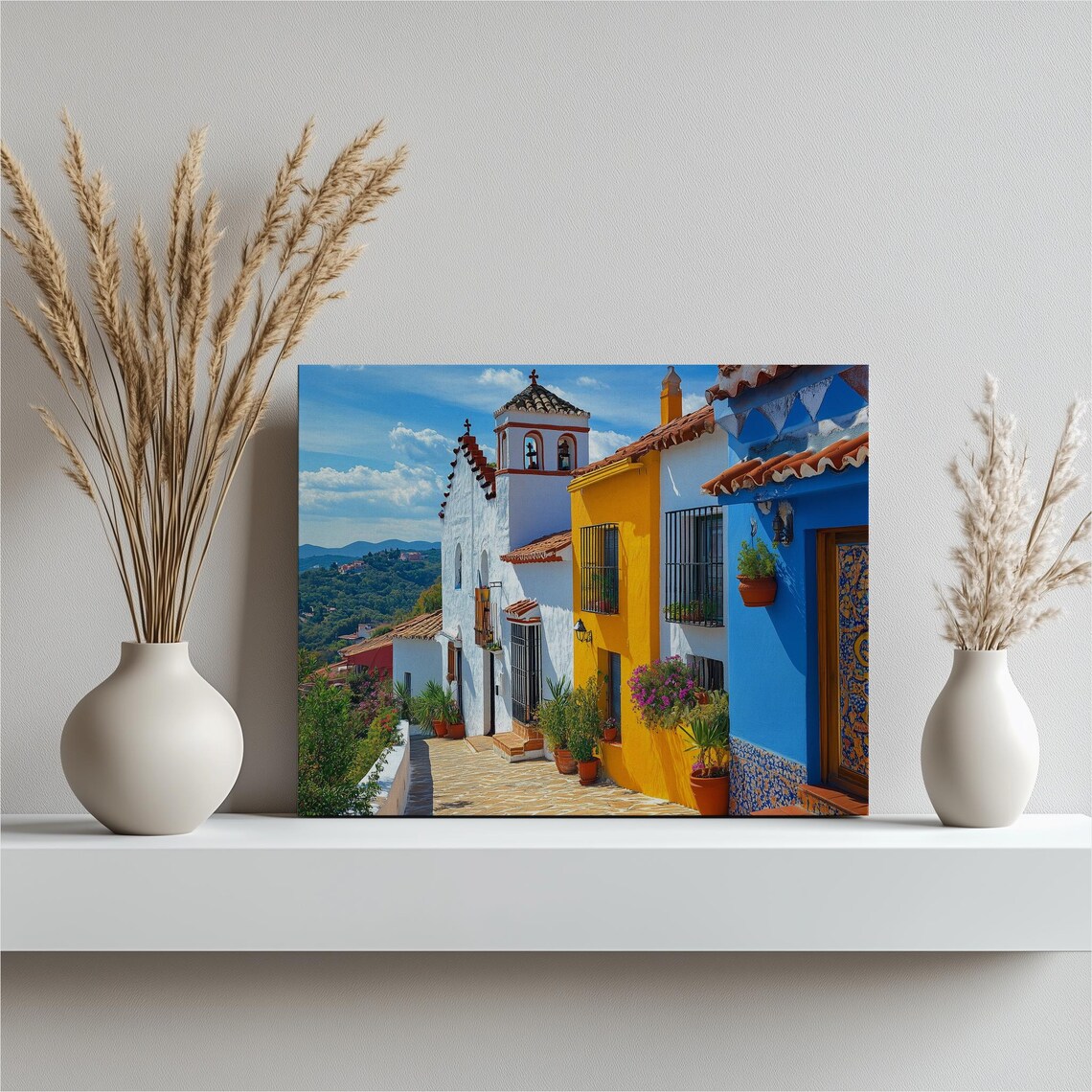 Andalusian Village Street Blue Yellow Houses Church Tower Poster