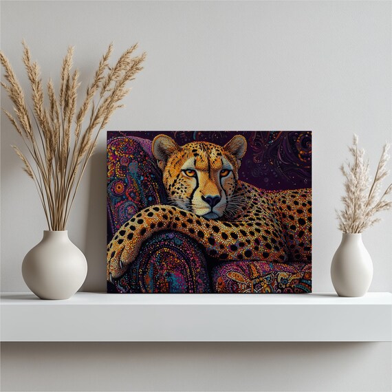 Colorful Leopard Canvas Art Boho Wall Decor Modern Living Room Wildlife Poster With Abstract Pattern Unique Bohemian Eclectic Design