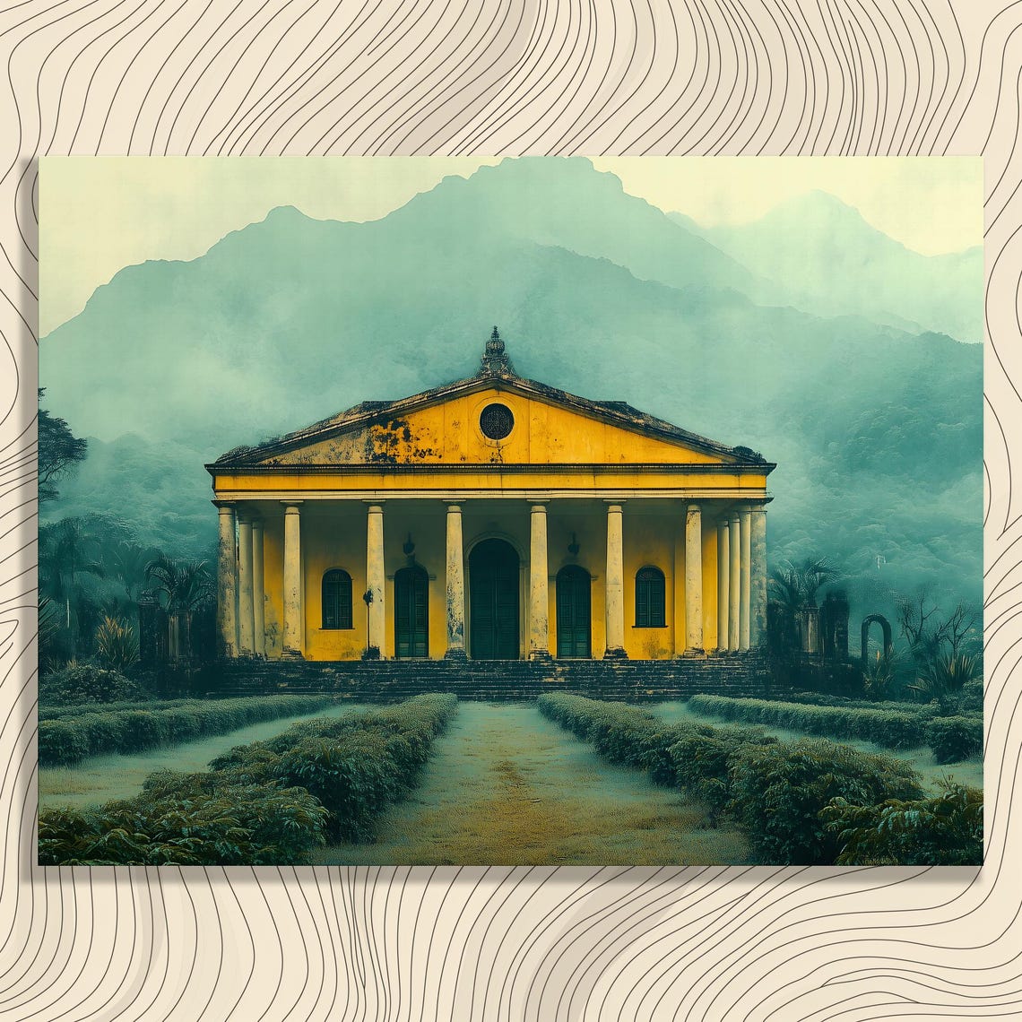 Yellow Temple With Columns in Misty Green Mountains Scenic Poster