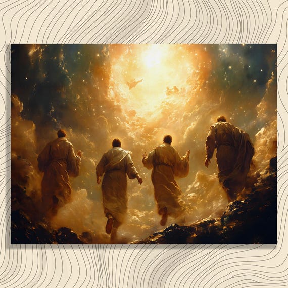 Transfiguration Biblical Scene Canvas Wall Art Luminous Light Painting With Robed Figures Ascending Mountain