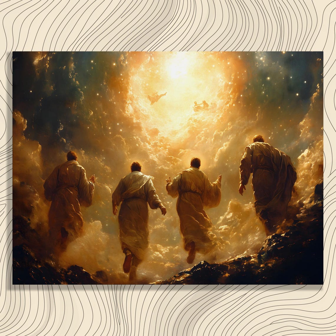 Transfiguration Biblical Scene Canvas Wall Art Luminous Light Painting With Robed Figures Ascending Mountain