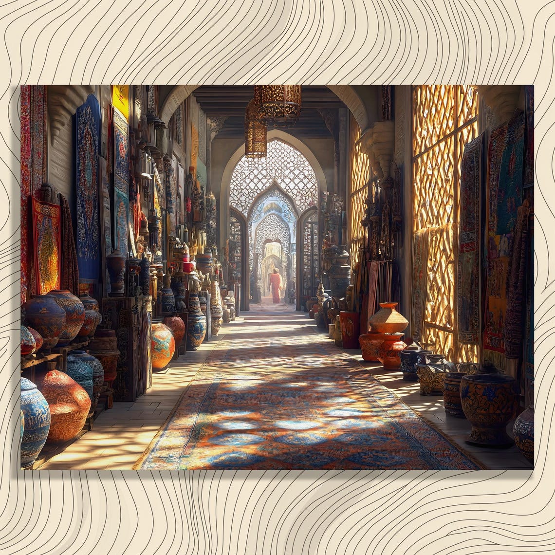 Sunlit Bazaar Corridor With Rugs Pottery And Lanterns Poster