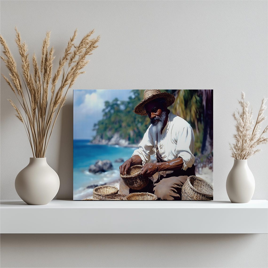 Elder Man Weaving Baskets Tropical Beach Artisan Craft Wall Art