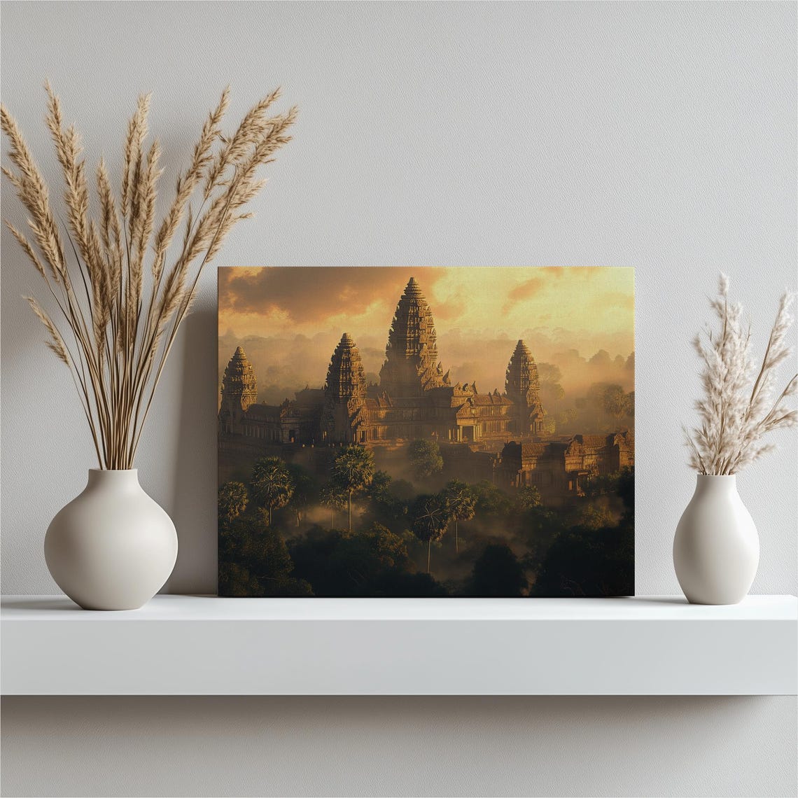 Angkor Wat Temple at Sunrise Misty Golden Cambodia Art Poster