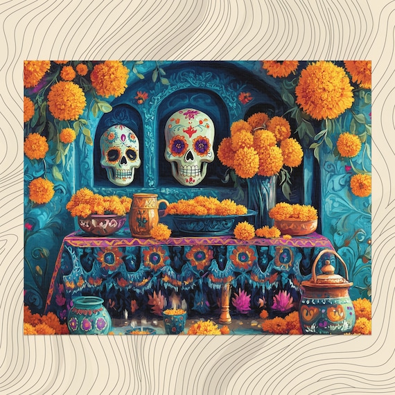 Day of the Dead Sugar Skulls Marigolds Ofrenda Altar Art Poster