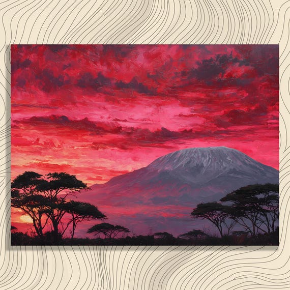 Vibrant African Sunset Canvas Wall Art Acacia Silhouette Savannah Landscape Mountain View Kilimanjaro Peak Colorful Nature Decor Print