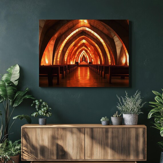 Luminous Cathedral Interior With Warm Amber Glowing Arches Poster