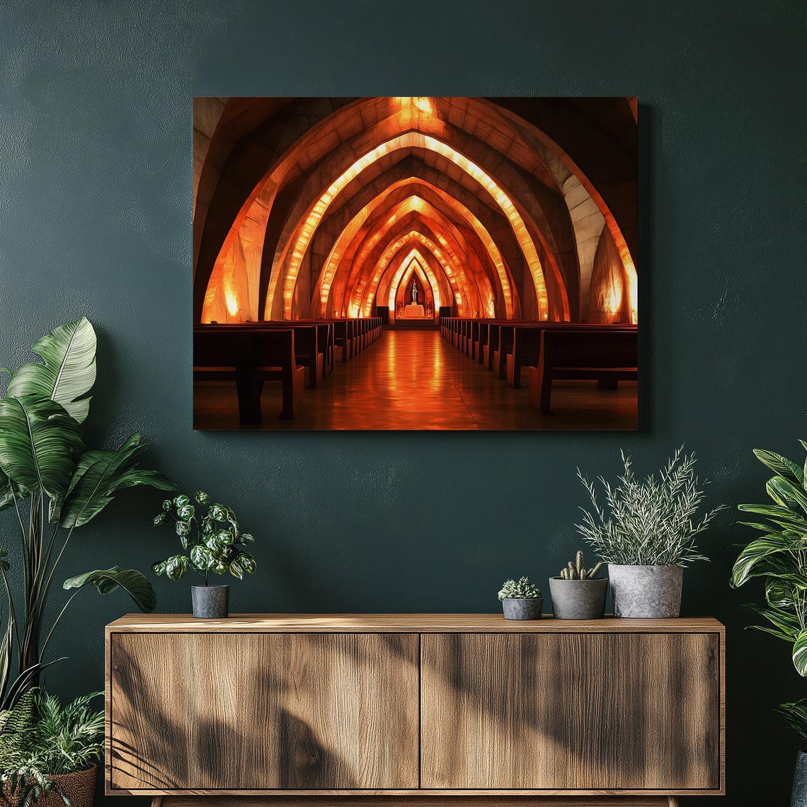 Luminous Cathedral Interior With Warm Amber Glowing Arches Poster