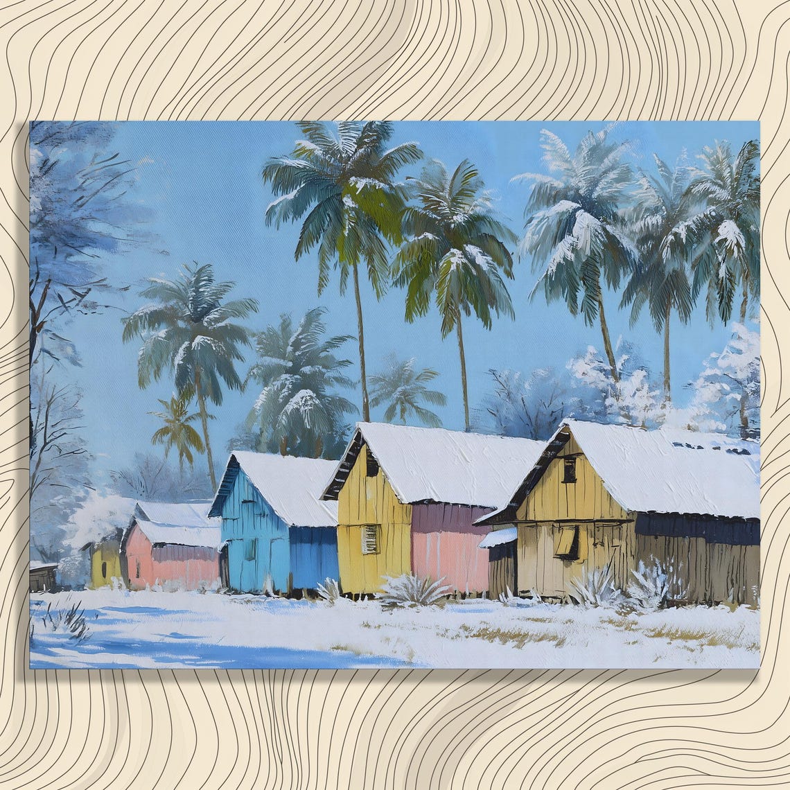 Snow Covered Palm Trees and Colorful Huts Winter Tropical Wall Art