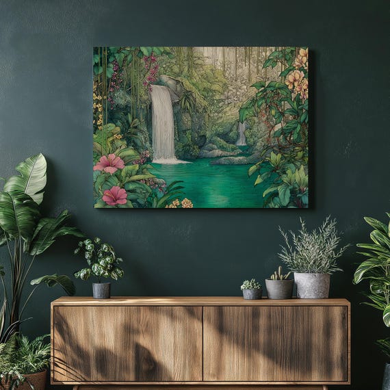 Tropical Waterfall Jungle Art Print, Lush Rainforest