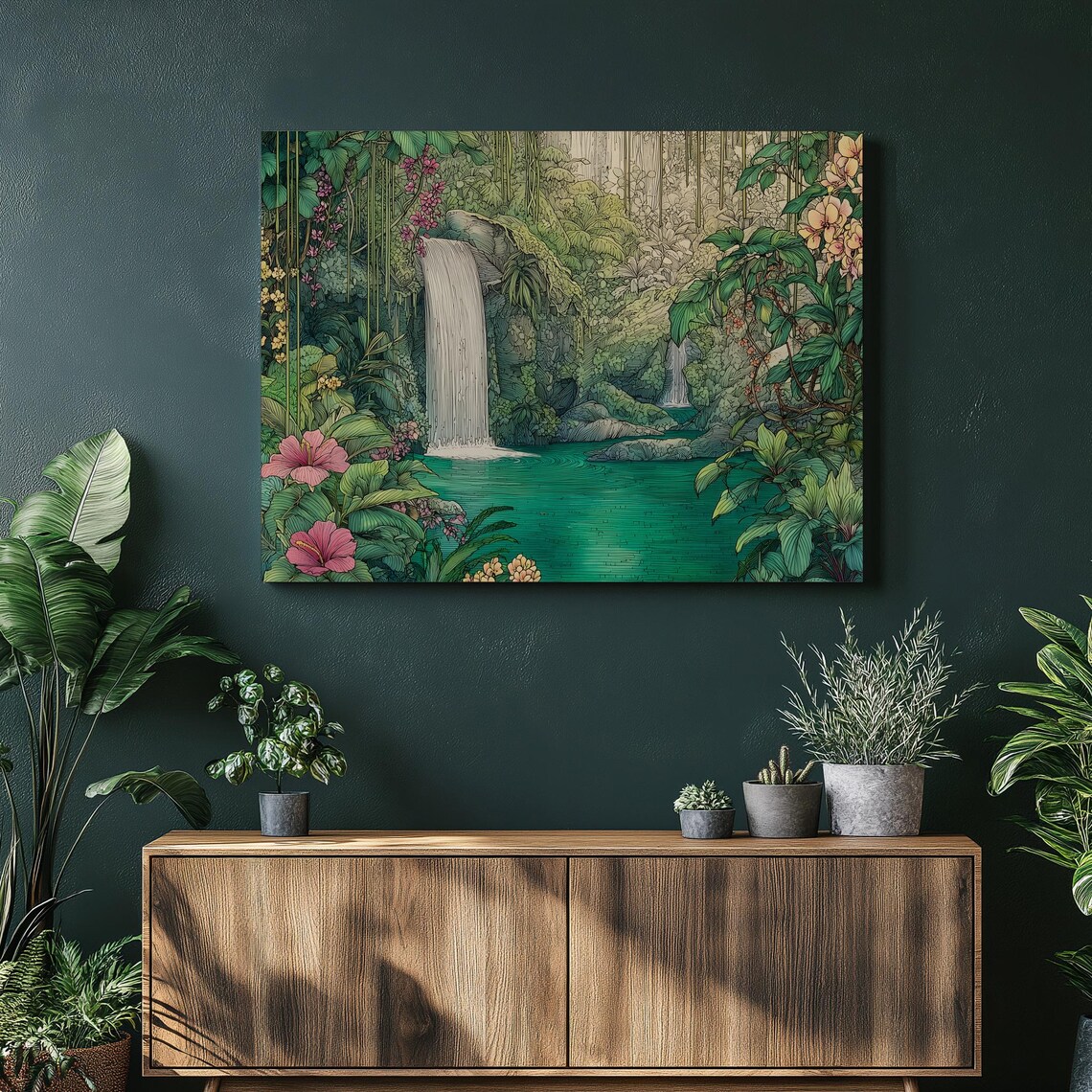 Tropical Waterfall Jungle Art Print, Lush Rainforest