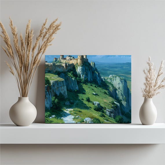 Medieval Castle Cliff Canvas Wall Art Fantasy Landscape Print Blue Sky Fortress Mountain Range Valley View Countryside