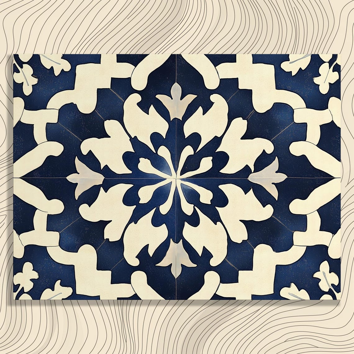 Navy Blue Mandala Floral Tile Pattern Boho Vintage Art Poster