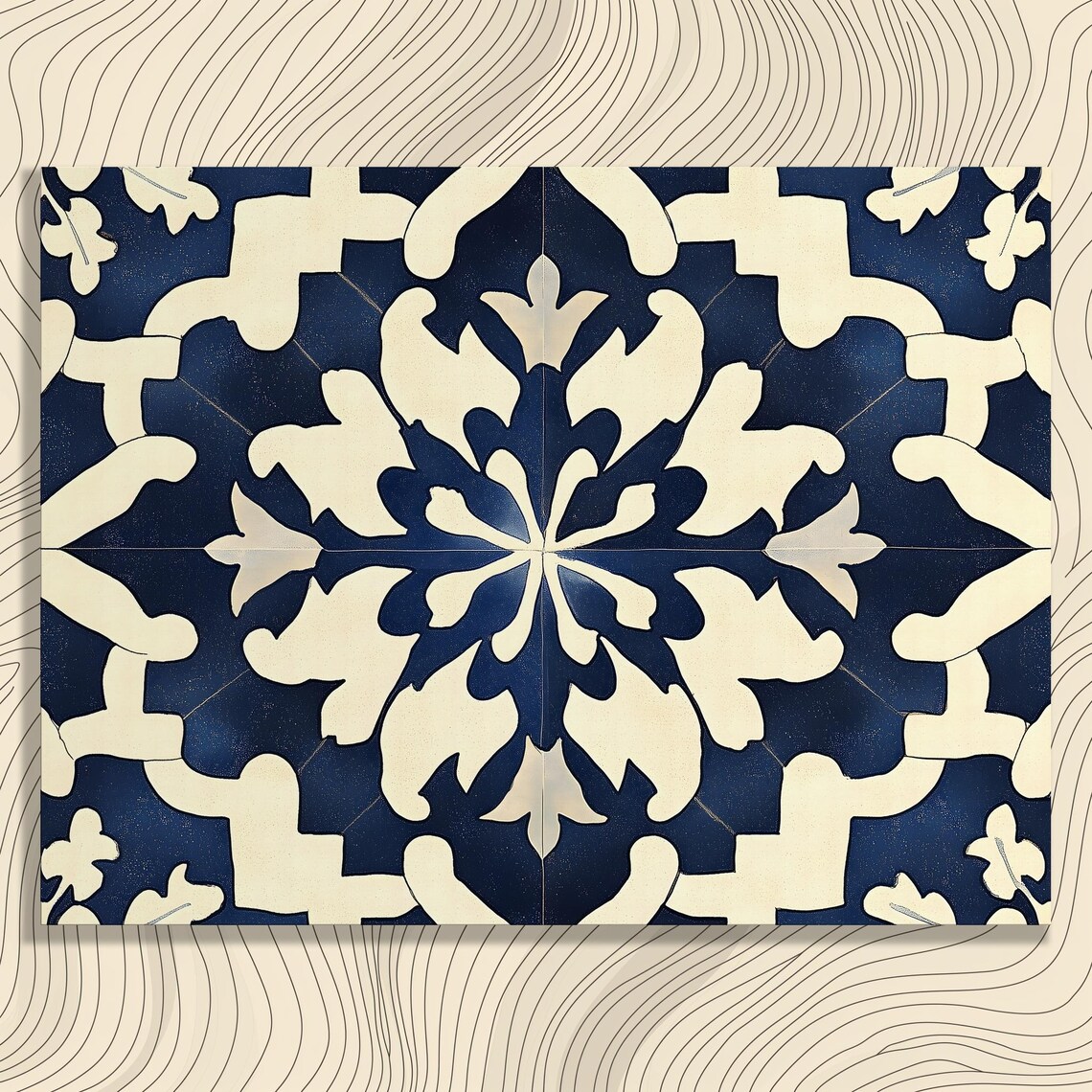 Stunning Vintage Canvas Wall Art Abstract Floral Pattern Boho Eclectic Geometric Motif Blue Beige Mosaic Tile Ornamental Print