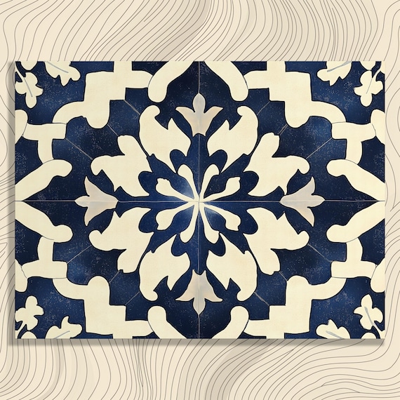 Navy Blue Mandala Floral Tile Pattern Boho Vintage Art Poster