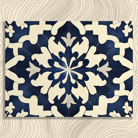 Stunning Vintage Canvas Wall Art Abstract Floral Pattern Boho Eclectic Geometric Motif Blue Beige Mosaic Tile Ornamental Print