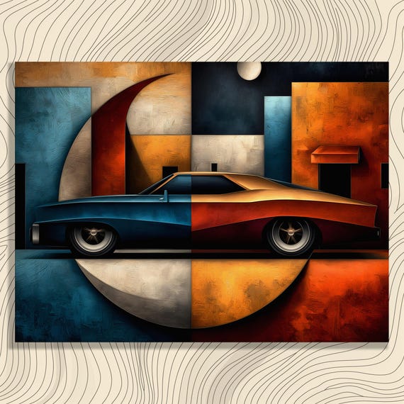 Classic Car Canvas Wall Art Mid Century Geometric Abstract Color Block Moon Vintage Automobile Poster Retro Gift For Auto Enthusiasts