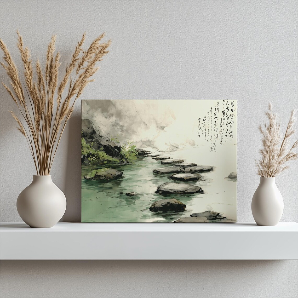 Japanese Ink Wash Painting Stepping Stones Misty River Zen Wall Art