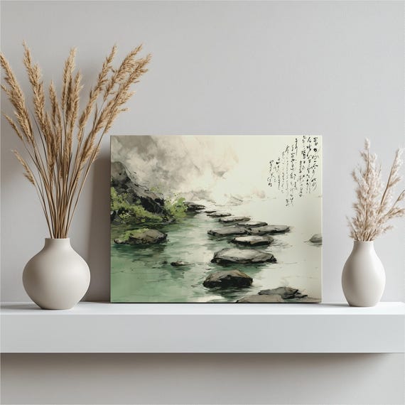 Japanse Zen Canvas Muurkunst Traditioneel Schilderij Met Inktwas Van Stapstenen Op Groene Rivier Mistig Berglandschap Cadeau