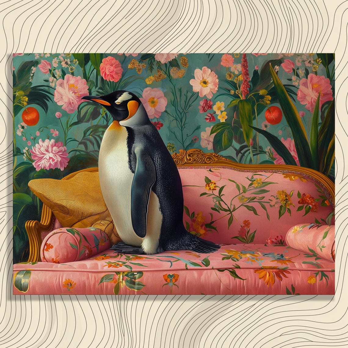 Emperor Penguin Pink Floral Couch Whimsical Bird Portrait Poster