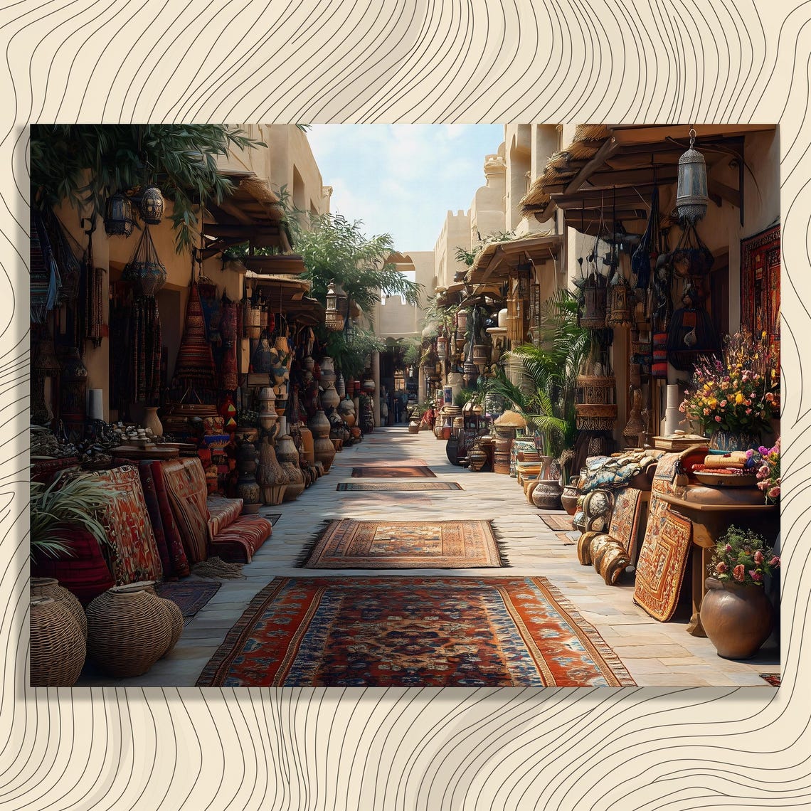 Sunlit Middle Eastern Souk Street with Rugs and Lanterns Poster