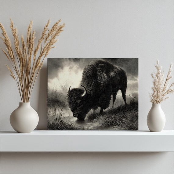 Vintage Bison Engraving Canvas Wall Art Buffalo Print Rustic Western Decor Black And White Wildlife Artwork Prairie Landscape
