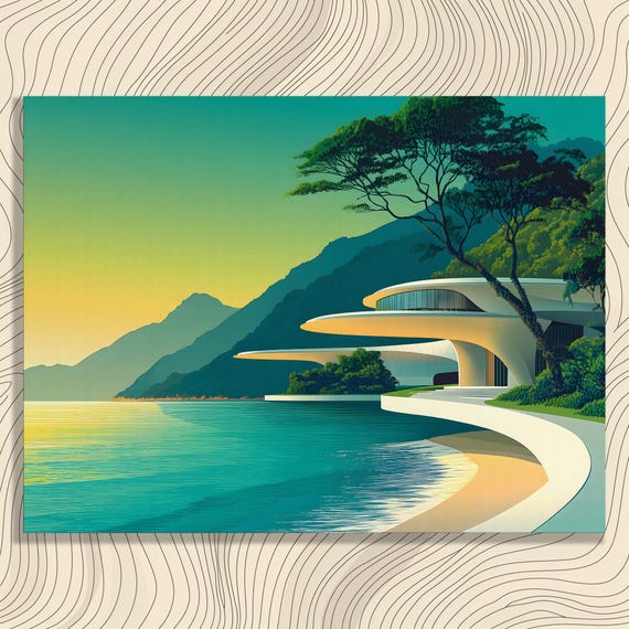 Modern Architecture Canvas Wall Art Futuristic Design Lake Landscape With Emerald Greenery Water Reflection Nature Lovers Print