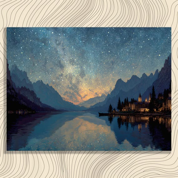 Starry Mountain Lake Canvas Wall Art Night Sky Landscape Print Star Light Reflection Decor Celestial Wilderness Scenic Gift Poster